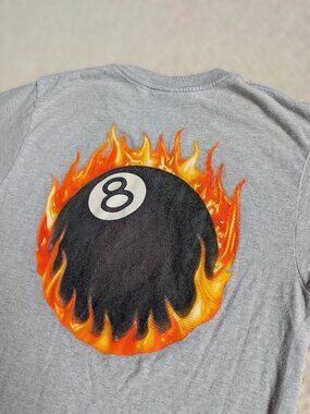 Stussy 8 Ball Flame Tee Mens S Heather Grey Graphic Tee Streetwear Y2K style